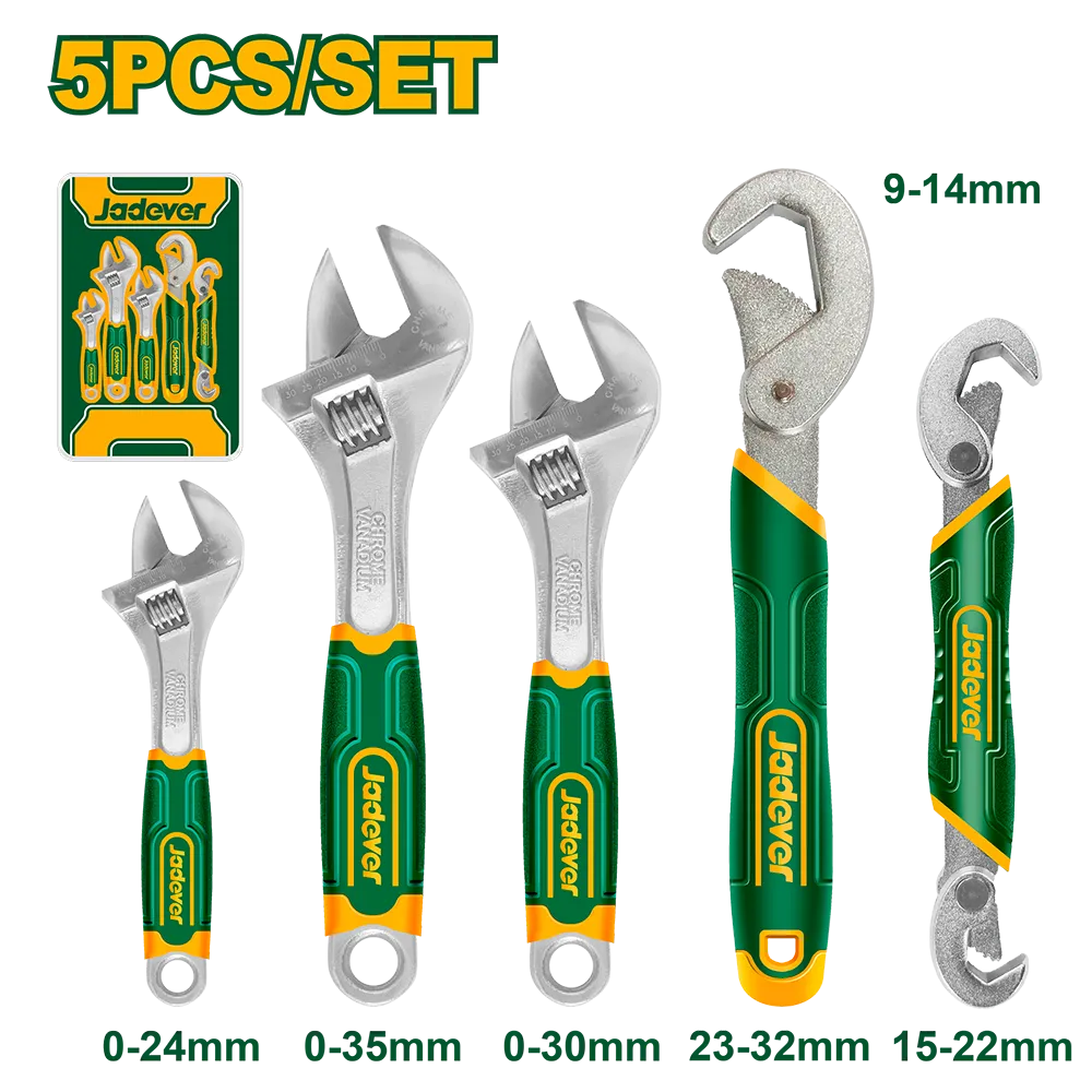 KIT DE LLAVES FRANCESAS DE 5 PIEZAS: 3 LLAVES FRANCESAS (6'', 8'', 10'') - JADEVER -
